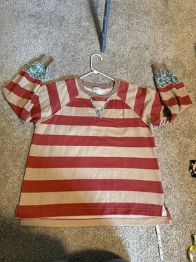 Womens Striped Long-Sleeve Top with Floral Cuffs - Red & Cream